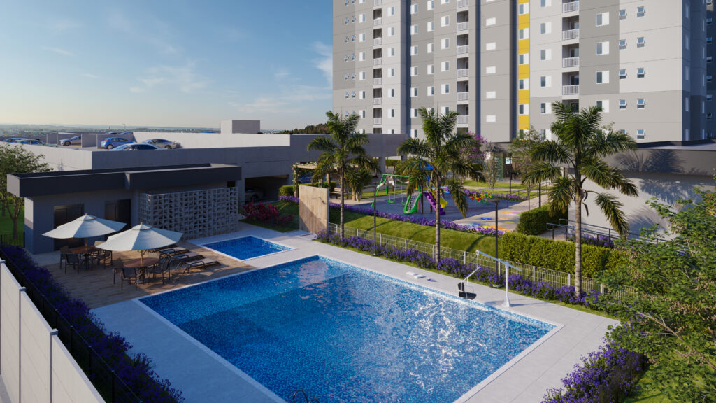 Divulgação Grupo ADN
Perspectiva da área de lazer do Residencial São Conrado, que terá piscinas adulto e infantil, além de espaços de convivência e recreação. Imagem meramente ilustrativa.